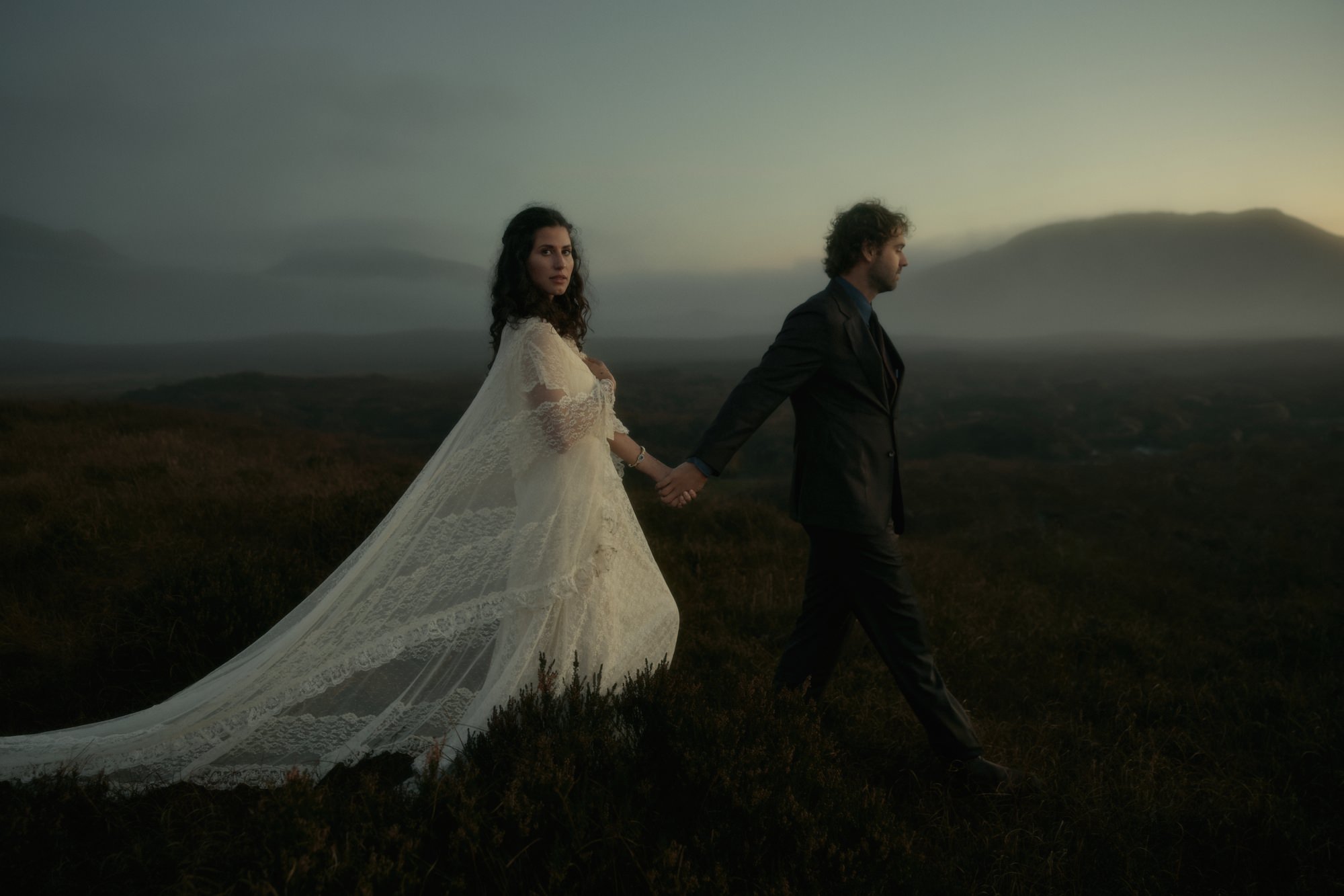 wedding couple at Glencoe at sunset